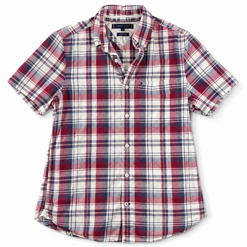 Tommy Hilfiger Mens S Short Sleeve Button Down Shirt Red Blue Plaid Cotton